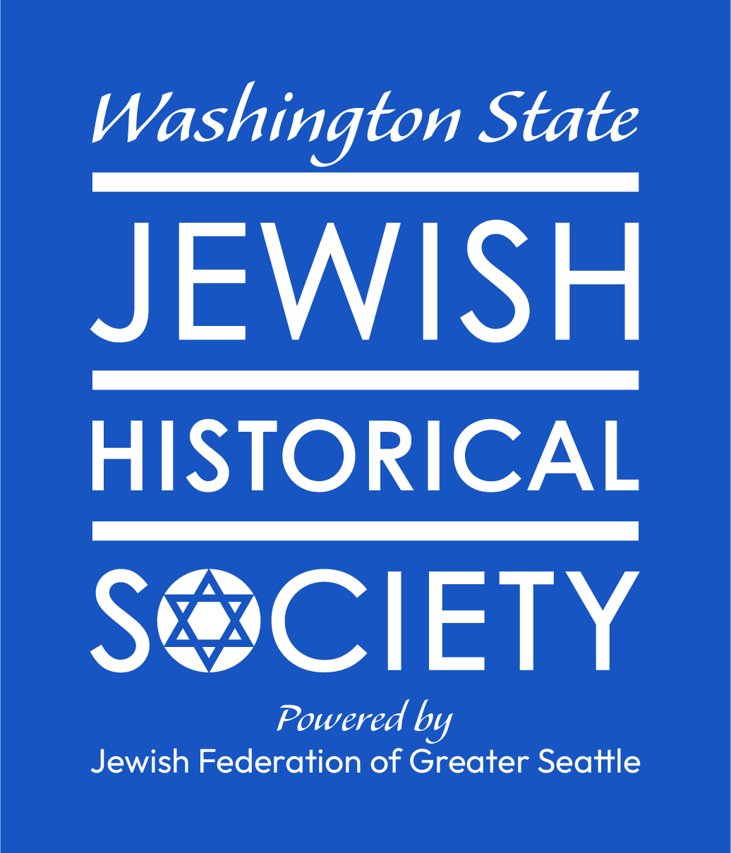 Blue poster logo for the Washington State Jewish Historical Society with white text and lines, a Star of David in the SOCIETY wordmark, and 'Powered by Jewish Federation of Greater Seattle'