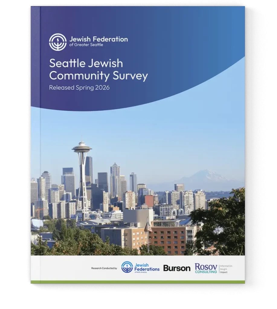 Front cover of the Seattle Jewish Community Survey (Spring 2026) with a blue gradient and Seattle skyline including the Space Needle in the lower portion