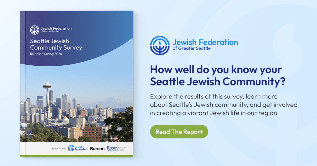 Cover of Seattle Jewish Community Survey with Seattle skyline and Space Needle; to the right, Jewish Federation of Greater Seattle logo and headline with a green 'Read The Report' button.