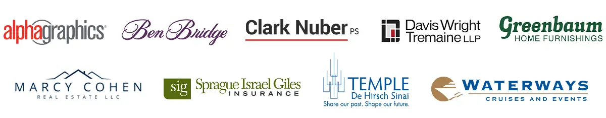 Collage of sponsor logos: AlphaGraphics, Ben Bridge, Clark Nuber, Davis Wright Tremaine LLP, Greenbaum Home Furnishings, Marcy Cohen Real Estate, SIG, Sprague Israel Giles Insurance, Temple De Hirsch Sinai, WaterWays Cruises & Events