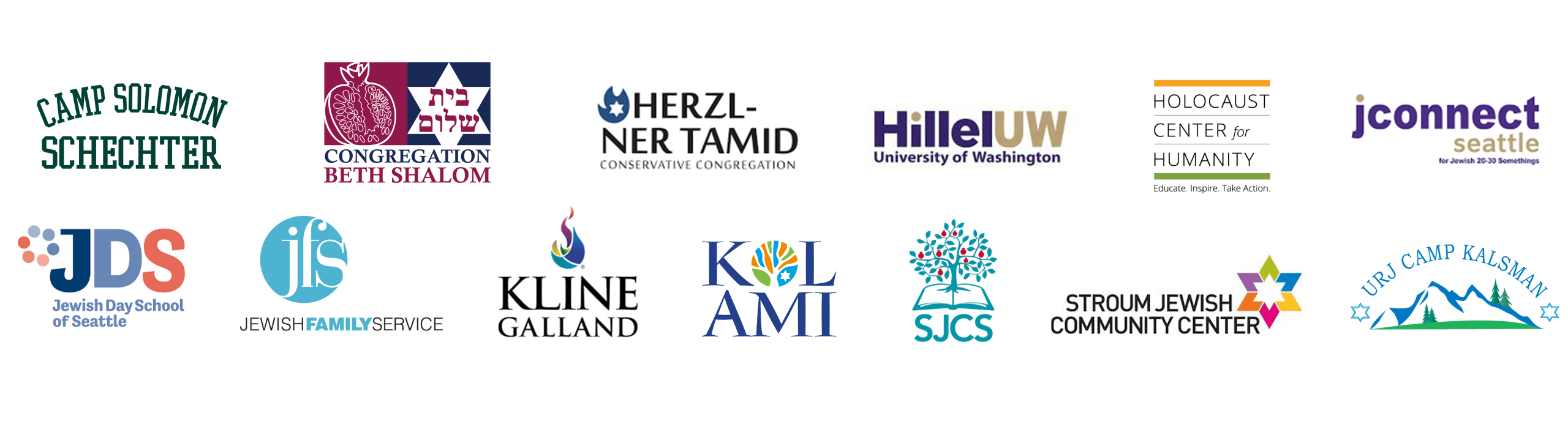 Logos of Seattle-area Jewish organizations (education, service, and community centers) arranged in two rows.