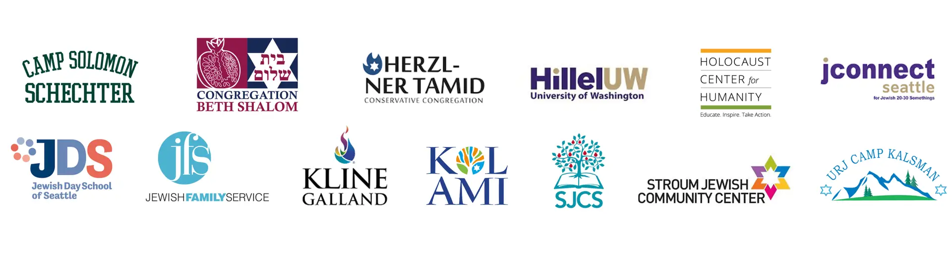 Logos of Seattle-area Jewish organizations (education, service, and community centers) arranged in two rows.