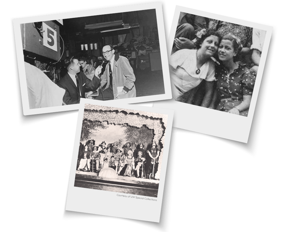 Collage of three vintage black-and-white photos: a man interviewing another man, two women smiling together, and a large group on a stage.