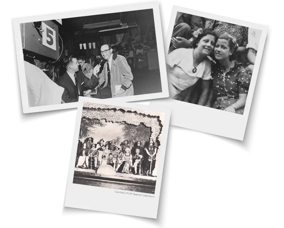 Collage of three vintage black-and-white photos: a man interviewing another man, two women smiling together, and a large group on a stage.