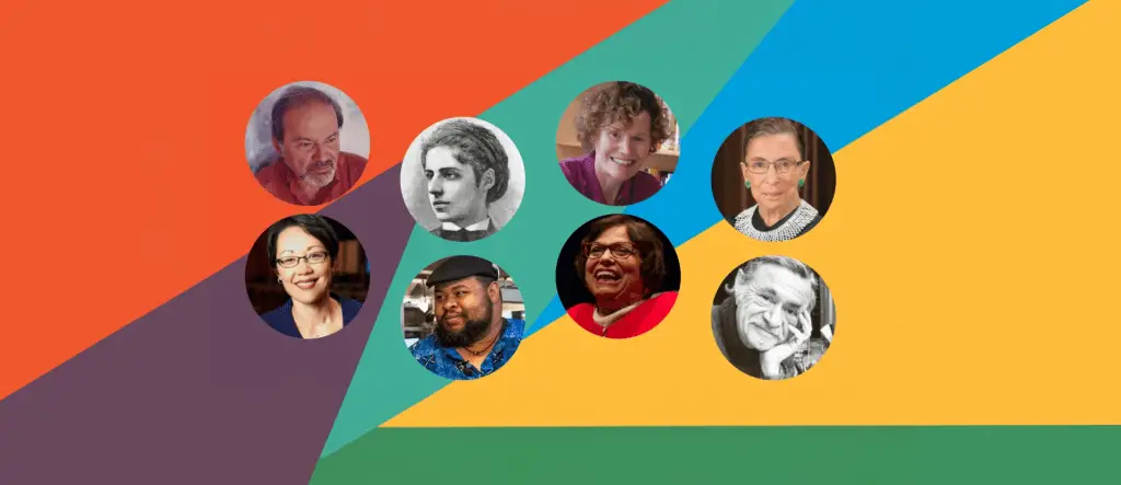 Collage of diverse smiling people in circular frames on a bright geometric background.