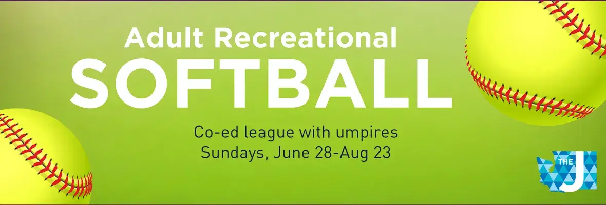 Promotional banner for an adult recreational softball league with umpired, co-ed play Sundays, June 28–Aug 23 in a green gradient background.