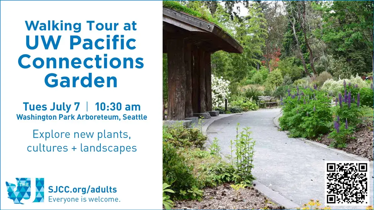 Poster advertising a walking tour at UW Pacific Connections Garden with date, time, and location; shows a garden path and a QR code on the right side.
