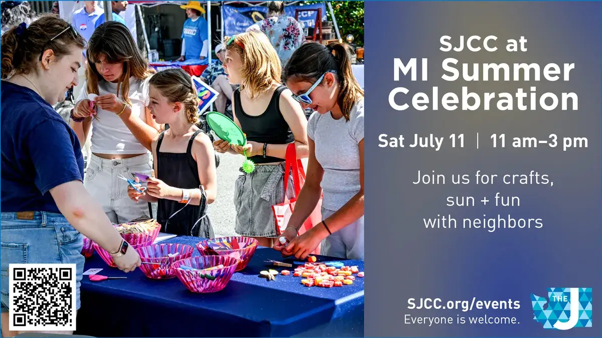 Children and adults gather around a craft table at an outdoor SJCC Summer Celebration, making colorful crafts; a blue panel on the right lists event details and a QR code.