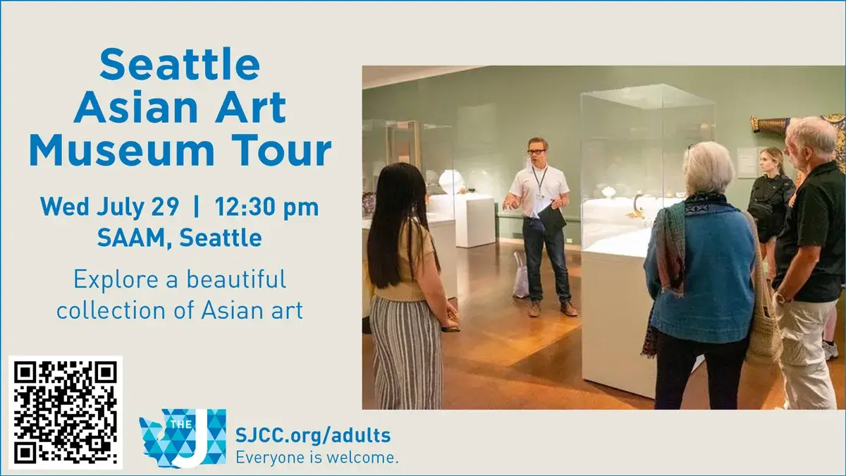 Promotional poster for Seattle Asian Art Museum Tour with date, time, and location; a guide speaks to visitors in a gallery, with a QR code and logo nearby.