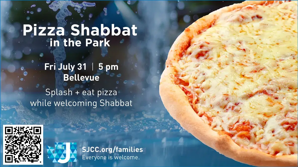 Event flyer: Pizza Shabbat in the Park — Fri July 31 at 5 pm, Bellevue; enjoy pizza while welcoming Shabbat. QR code at bottom left.