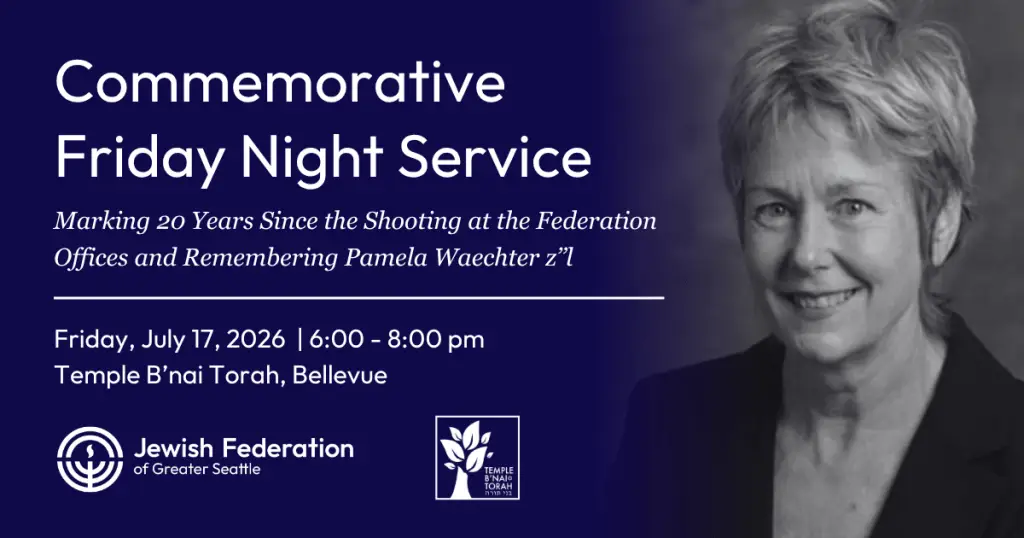 Informational poster announcing 'Commemorative Friday Night Service' with date, time, and location, plus partner logos; portrait of a smiling woman on the right.