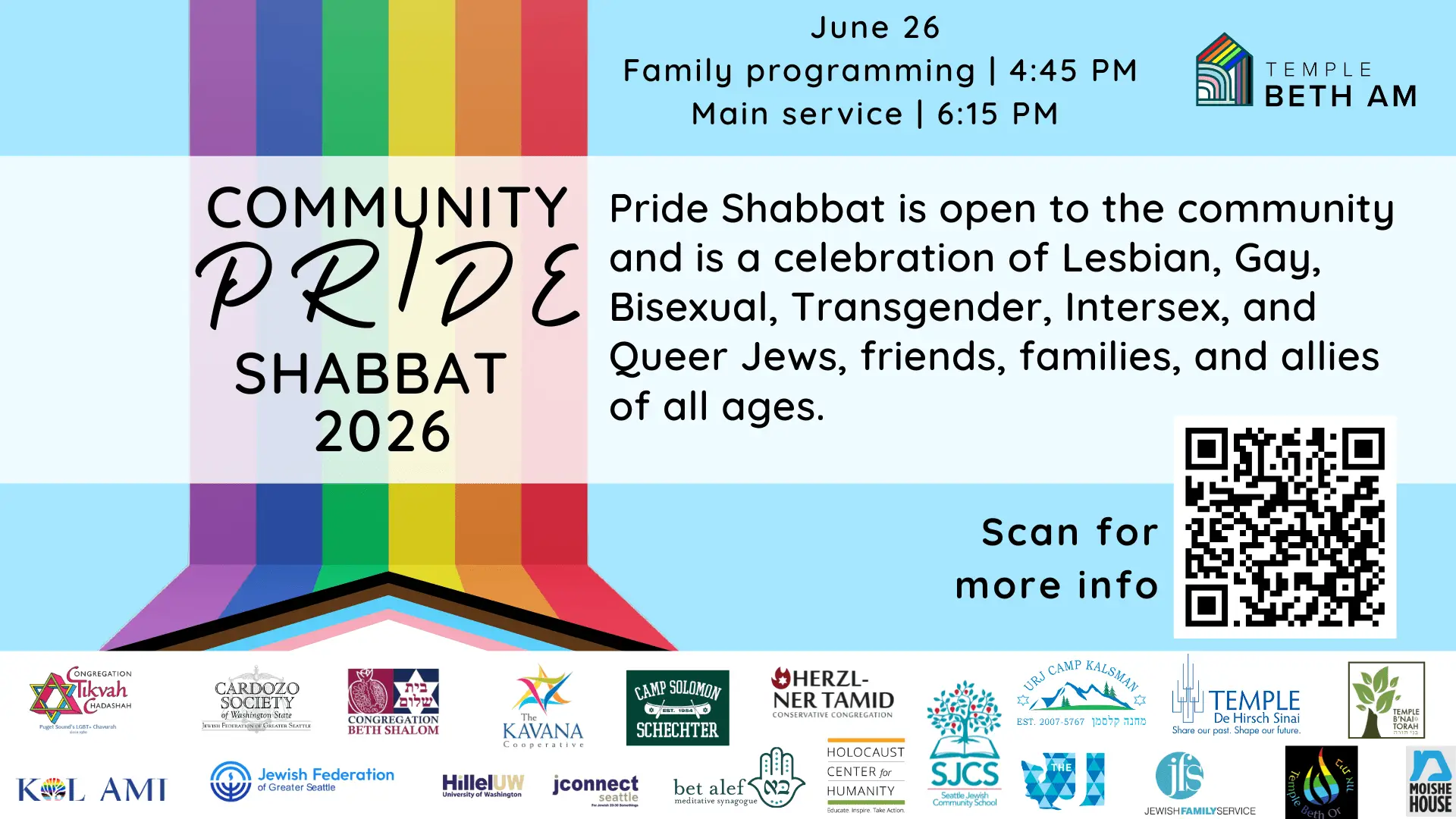 Rainbow-striped banner announcing Pride Shabbat 2026 with event times and a QR code for more info.