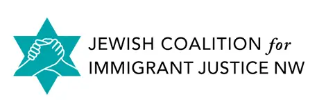Logo for Jewish Coalition for Immigrant Justice NW: teal Star of David with clenched hands, accompanied by the organization name.