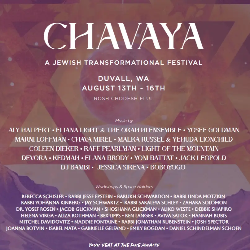 Chavaya Jewish transformational festival poster advertising DuVALL, WA, August 13–16, with the music lineup and volunteers listed.