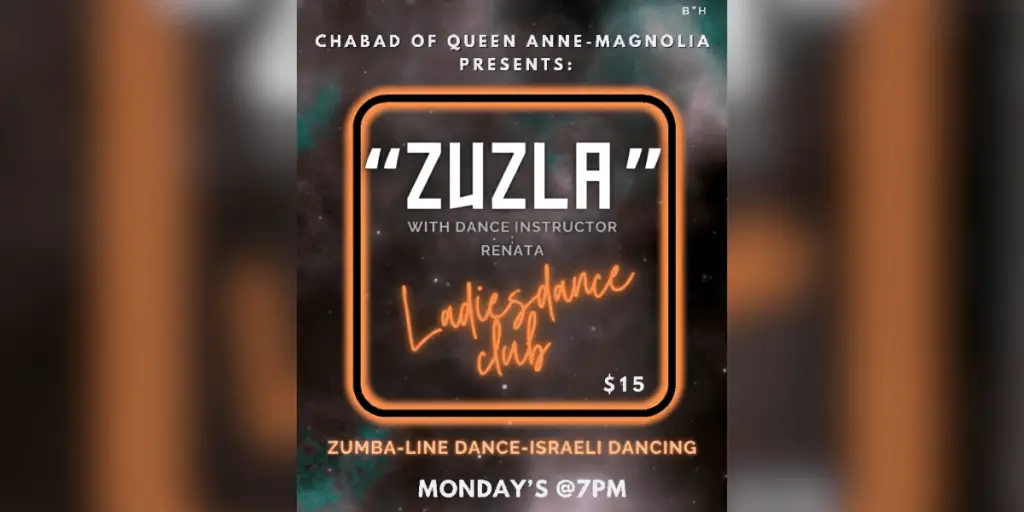 Poster advertising 'ZUZLA' ladies dance club with instructor Renata; Zumba-line and Israeli dancing, Mondays at 7 PM, $15.