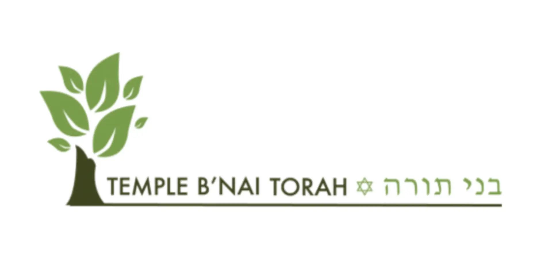 Temple B'nai Torah logo: a stylized green tree on the left with the name in green text below and Hebrew script to the right.