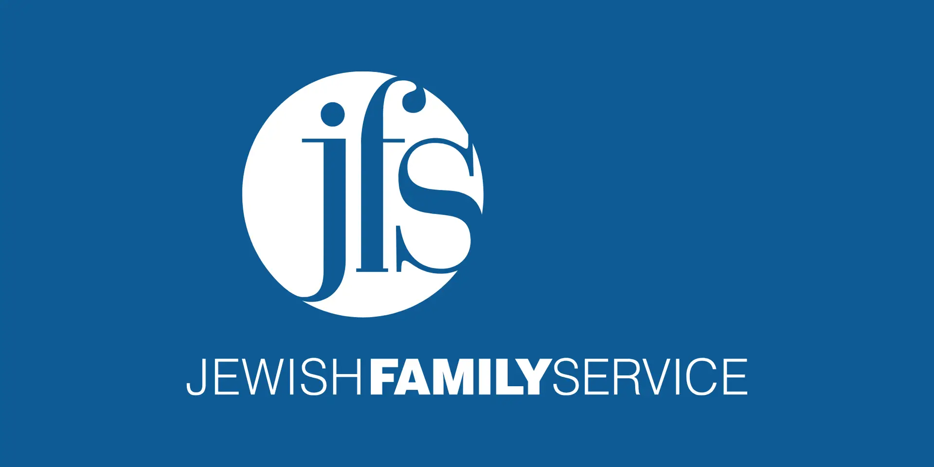 Jewish Family Service logo on blue background: a white circle emblem with stylized initials 'JFS' and the words 'JEWISH FAMILY SERVICE' beneath.