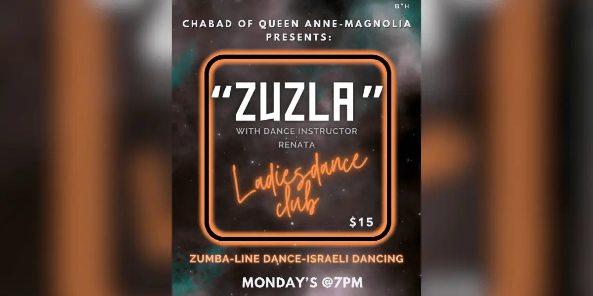Poster advertising 'ZUZLA' ladies dance club with instructor Renata; Zumba-line and Israeli dancing, Mondays at 7 PM, $15.