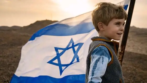 Young boy standing in a desert at sunset, holding an Israeli flag with the Star of David flowing behind him