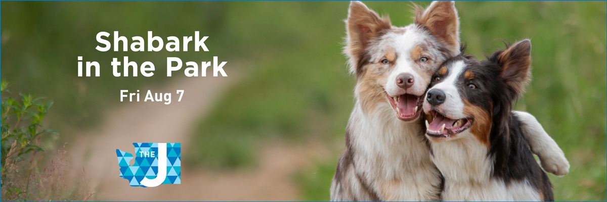 Event banner: two dogs in a park with text 'Shabark in the Park' and date 'Fri Aug 7' (logo bottom left).
