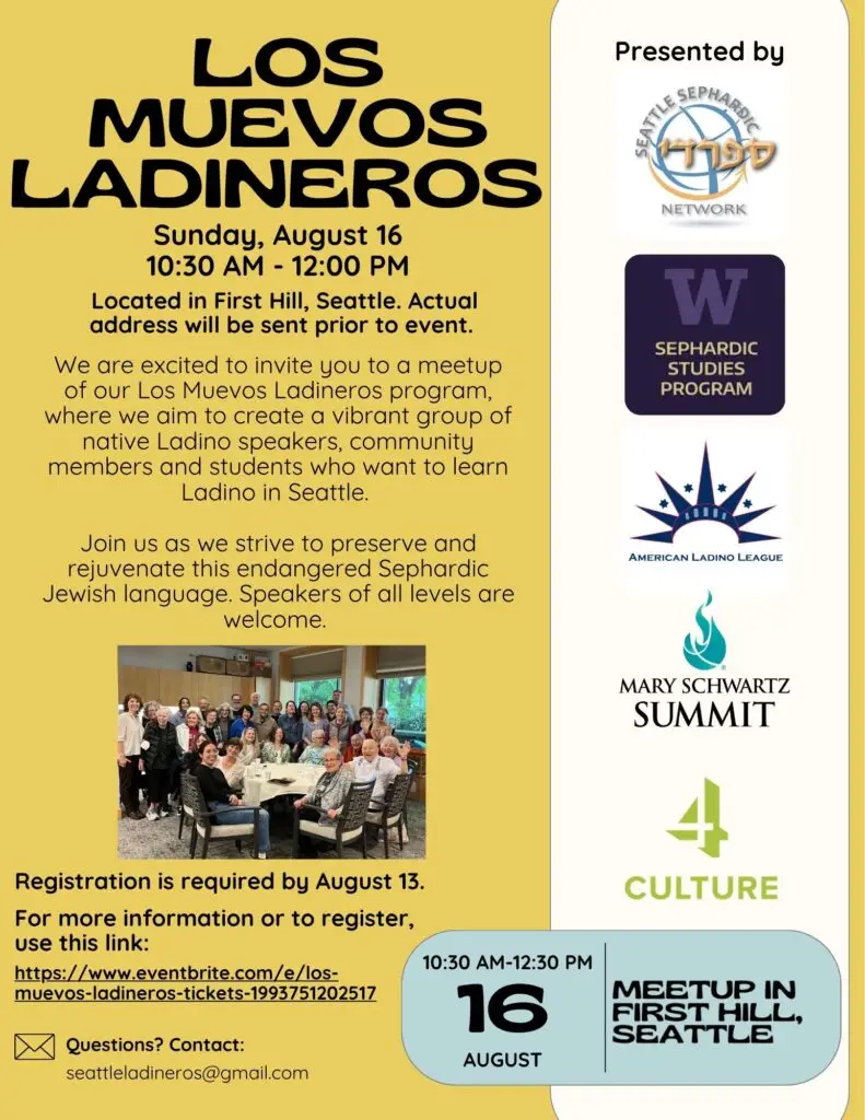 Informational poster about a Ladino language meetup, 'Los Nuevos Ladineros,' on Aug 16 in Seattle; shows time, location note, event description, and sponsor logos on the right with a group photo.