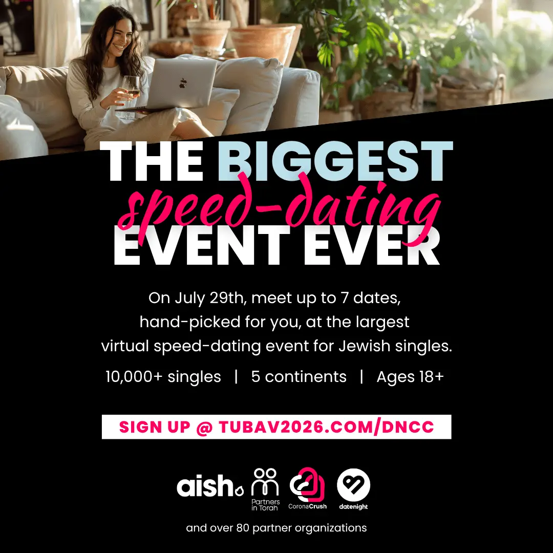 Promo banner: smiling woman on a sofa with a laptop; bold text announces 'THE BIGGEST speed-dating EVENT EVER' with date and signup URL tubav2026.com/dncc.