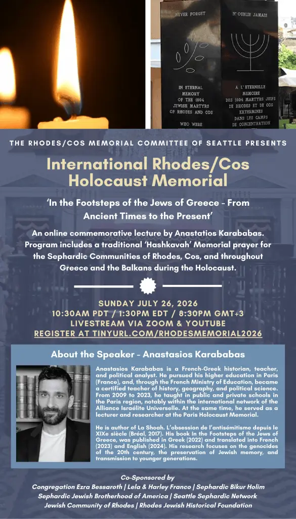 Poster announcing the International Rhodes/Cos Holocaust Memorial lecture with candles and a blue overlay, including date, livestream info, and speaker details.