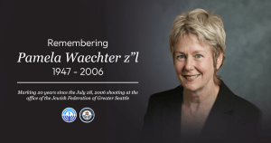 Memorial banner remembering Pamela Waechter z"l (1947–2006) with her portrait and two logos at bottom left.