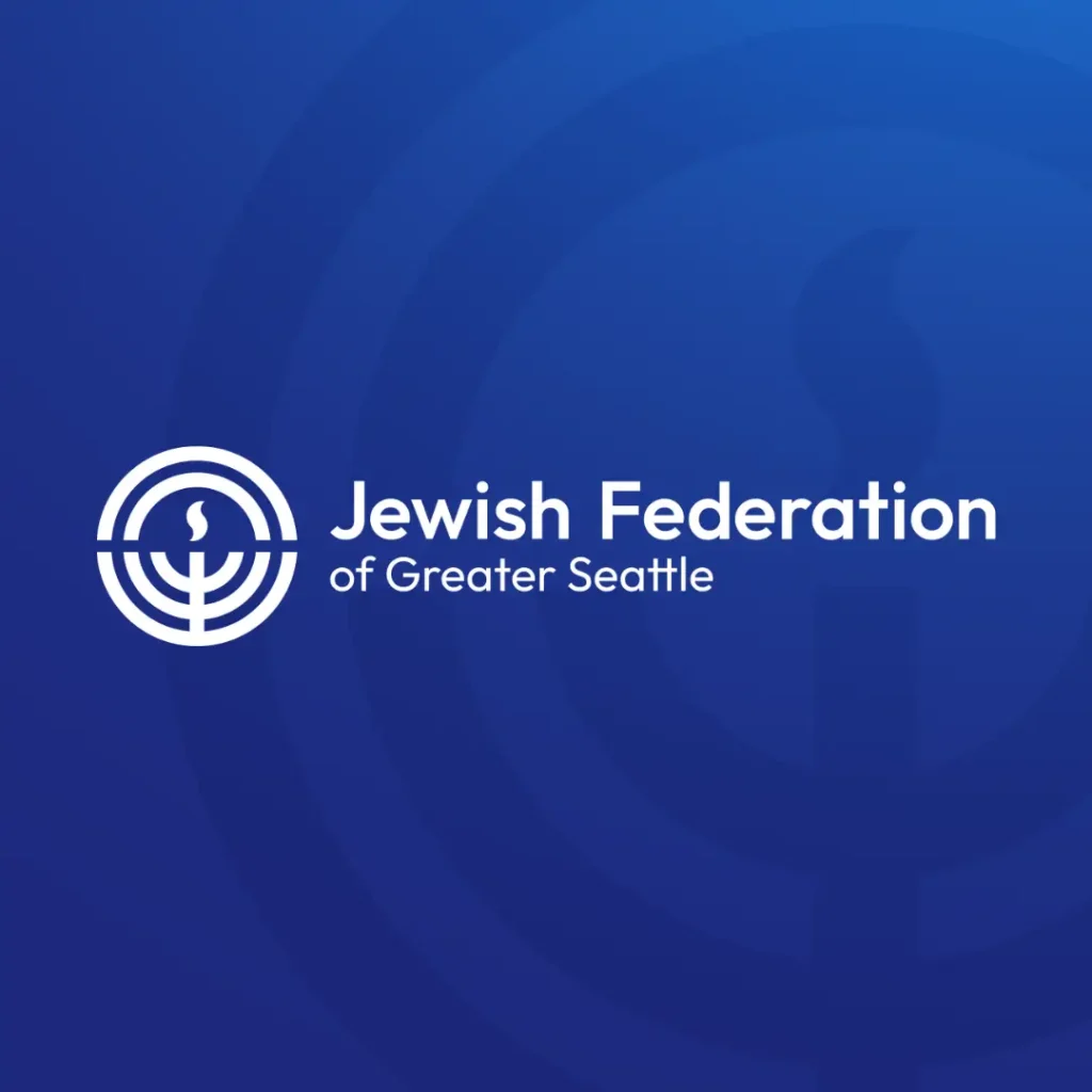 Logo of the Jewish Federation of Greater Seattle—white circular emblem and wordmark on a blue gradient background.