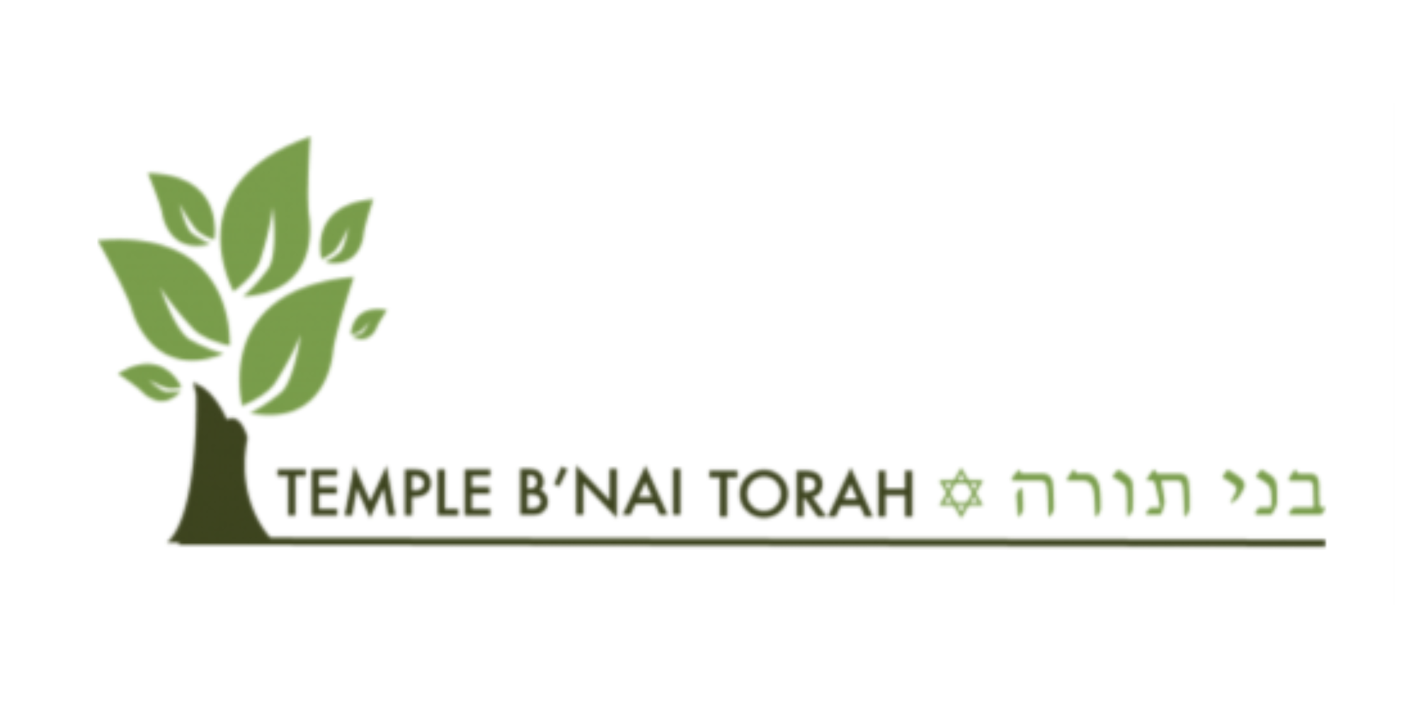 Temple B'nai Torah logo with a stylized green tree and the organization name in English and Hebrew, and a Star of David between them to the right.