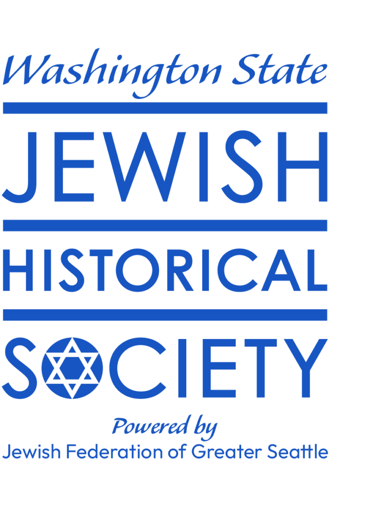 Logo for the Washington State Jewish Historical Society in blue with horizontal stripes and a Star of David emblem; text reads 'Powered by Jewish Federation of Greater Seattle'.