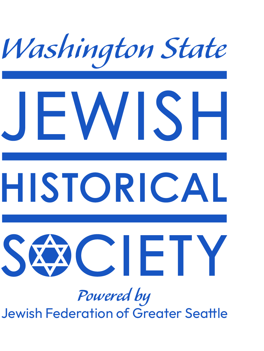 Logo for the Washington State Jewish Historical Society in blue with horizontal stripes and a Star of David emblem; text reads 'Powered by Jewish Federation of Greater Seattle'.