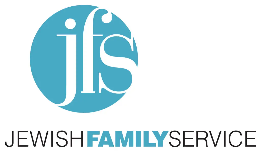 Logo for Jewish Family Service: teal circle with white stylized initials and the organization name beneath it