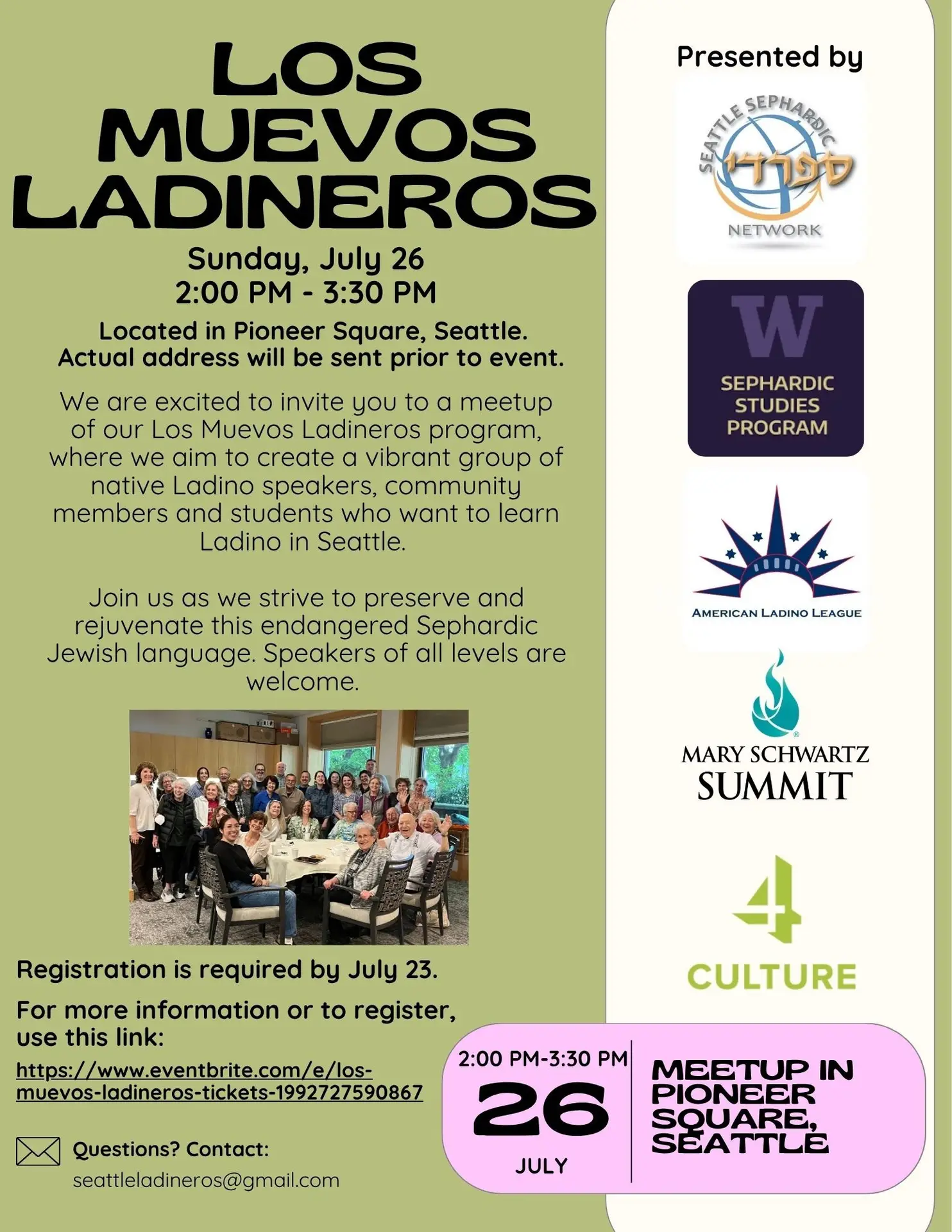 Event flyer inviting people to a Los Muevos Ladineros meetup with date, time, location (Pioneer Square, Seattle) and sponsor logos on the right; includes a group photo.