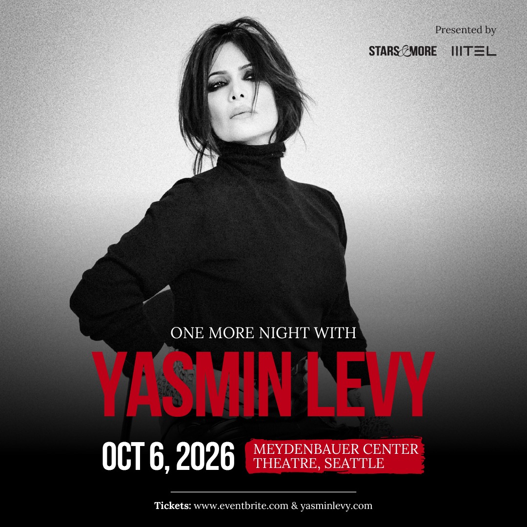 Grayscale concert poster featuring a woman in a black turtleneck; bold red performer name across the lower half, with date and venue details above.