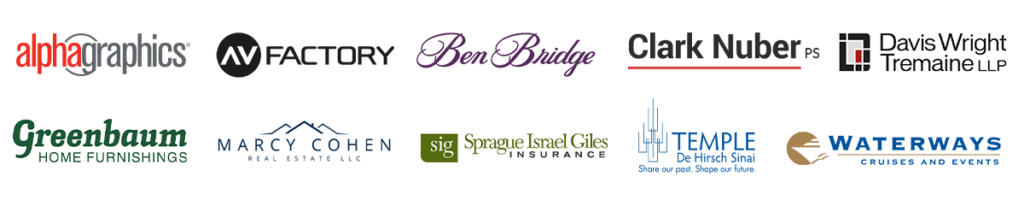 Collage of logos for ten businesses, including Alphagraphics, Ben Bridge, Temple Sinai, and WaterWays.