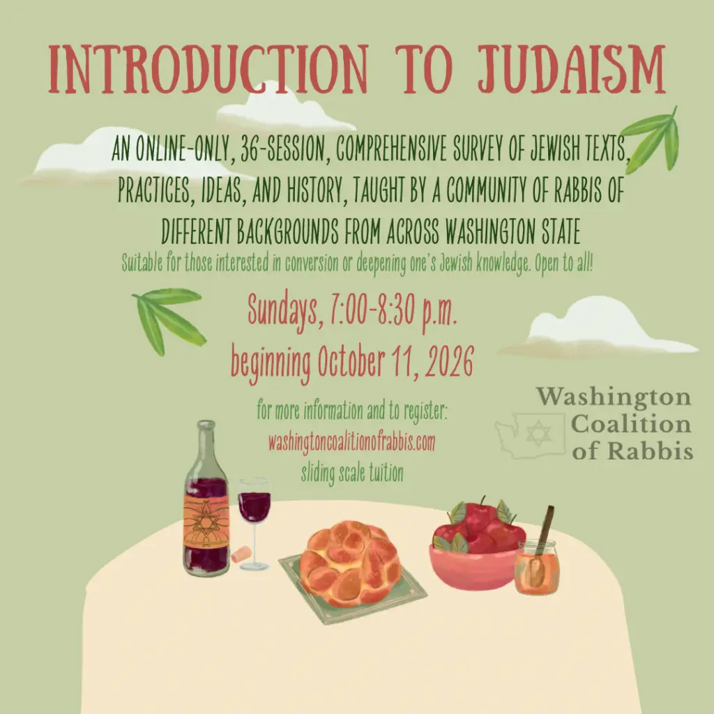 Flyer for 'Introduction to Judaism' online course: Sundays 7:00–8:30 p.m., starting Oct 11, 2026, hosted by Washington Coalition of Rabbis.