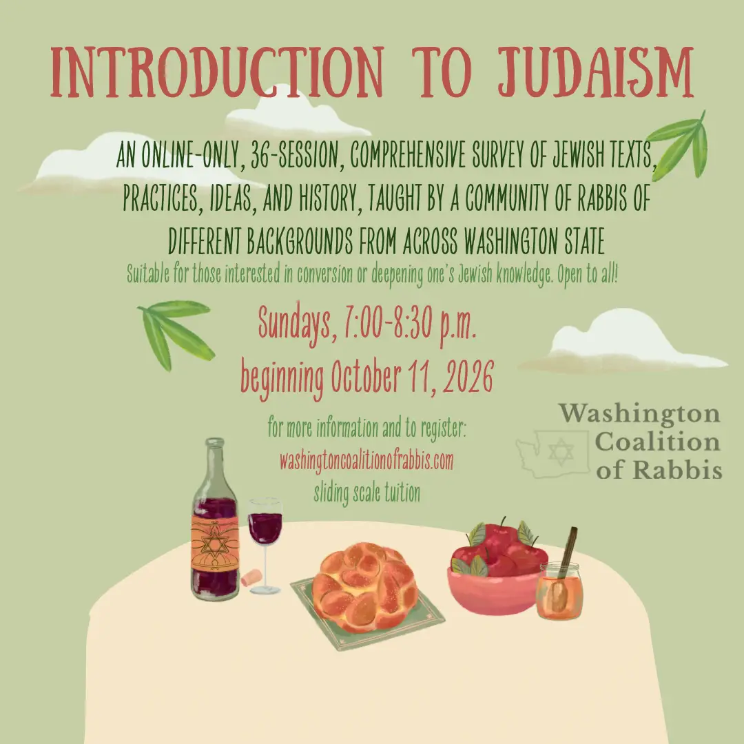 Flyer for 'Introduction to Judaism' online course: Sundays 7:00–8:30 p.m., starting Oct 11, 2026, hosted by Washington Coalition of Rabbis.