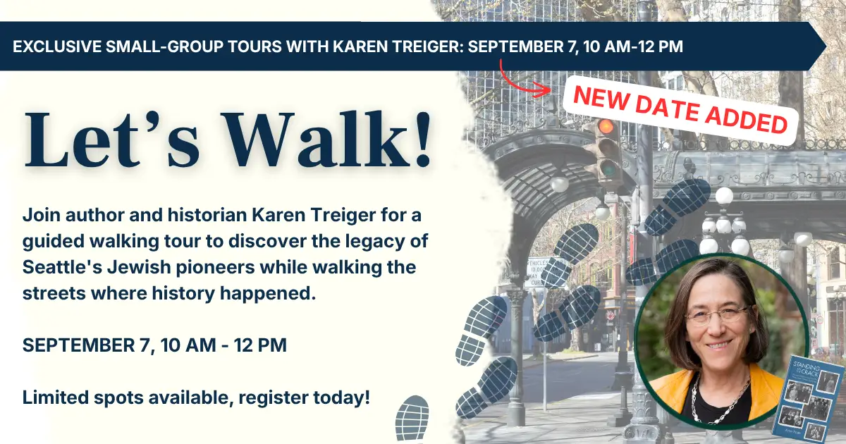 Promotional banner for a walking tour with Karen Treiger: 'Let's Walk!' headline, date September 7, 10 AM–12 PM, and a photo of a smiling woman in an orange jacket beside a city street background; 'New date added' badge visible.