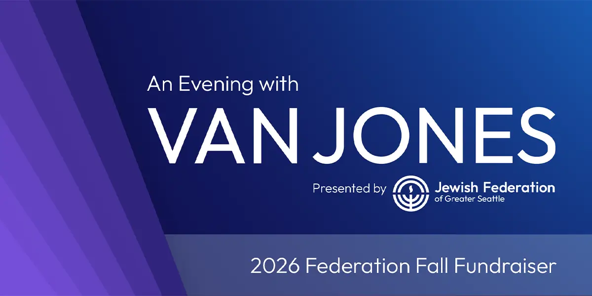 Event banner for 'An Evening with Van Jones'—fundraiser hosted by the Jewish Federation of Greater Seattle, 2026 Federation Fall Fundraiser (blue gradient with purple accents).