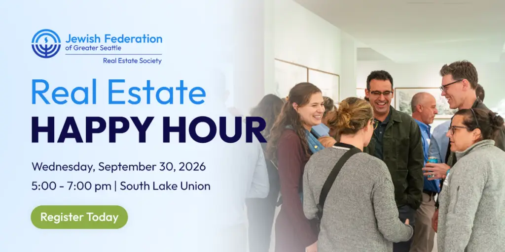 Event banner for a Real Estate Happy Hour by Jewish Federation of Greater Seattle, listing date, time, and location, with a group of people chatting on the right and a green Register Today button.