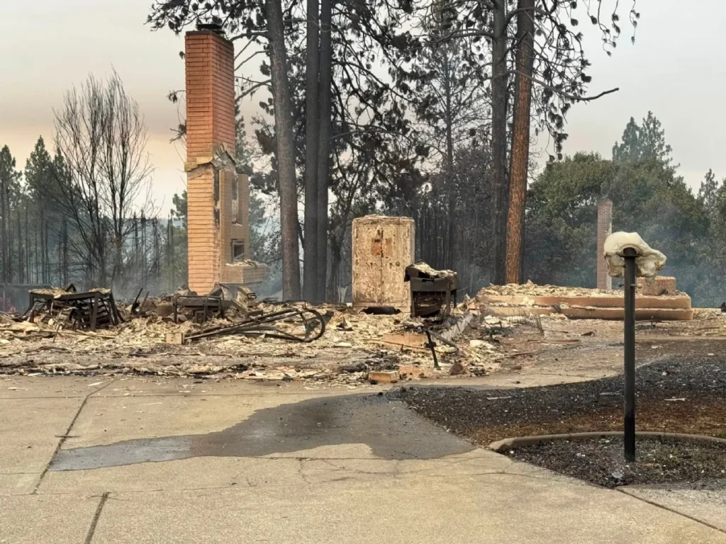Rubble and ashes of a burned structure in a forest clearing, with a brick chimney still standing and charred trees in the background.