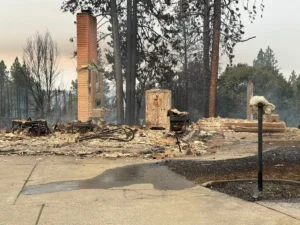 Rubble and ashes of a burned structure in a forest clearing, with a brick chimney still standing and charred trees in the background.