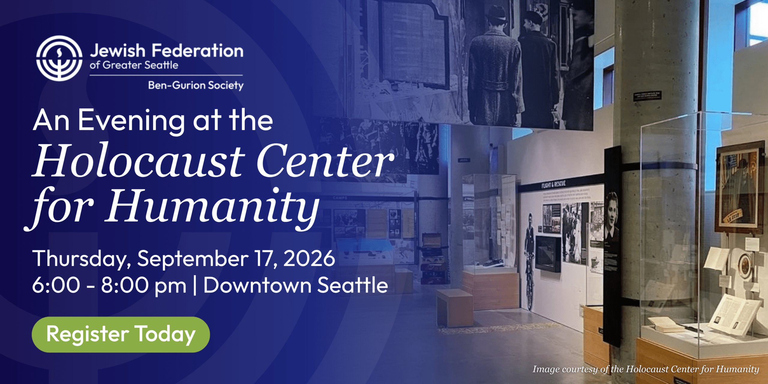 Event banner for An Evening at the Holocaust Center for Humanity in Seattle; Sept 17, 2026, 6–8 pm; green 'Register Today' button visible.