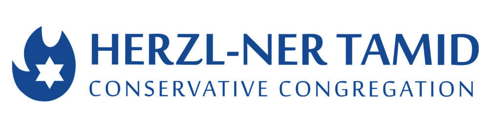 Logo for Herzl-Ner Tamid Conservative Congregation: blue flame icon with a white Star of David and the organization name in blue text.