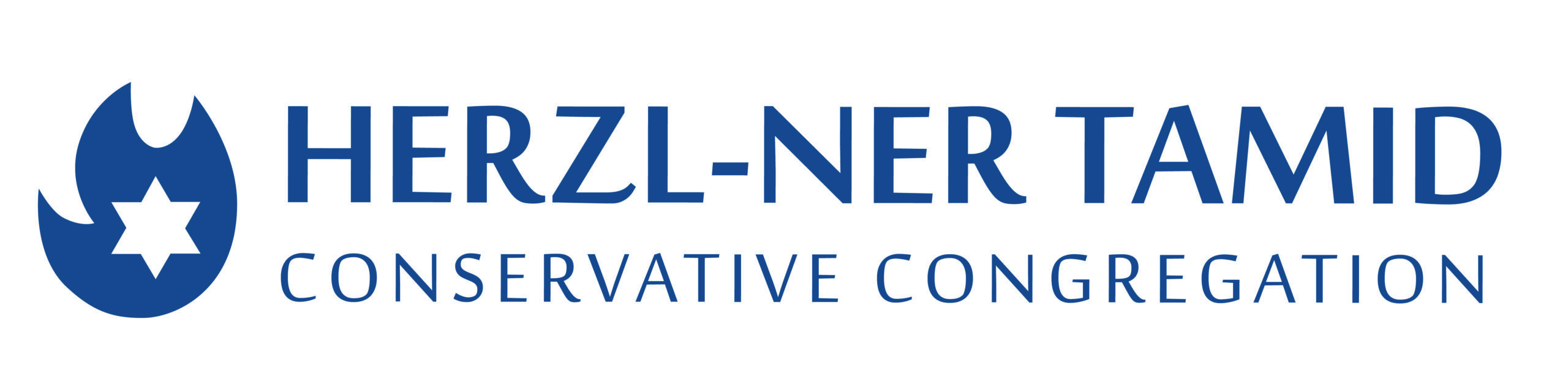 Logo for Herzl-Ner Tamid Conservative Congregation: blue flame icon with a white Star of David and the organization name in blue text.