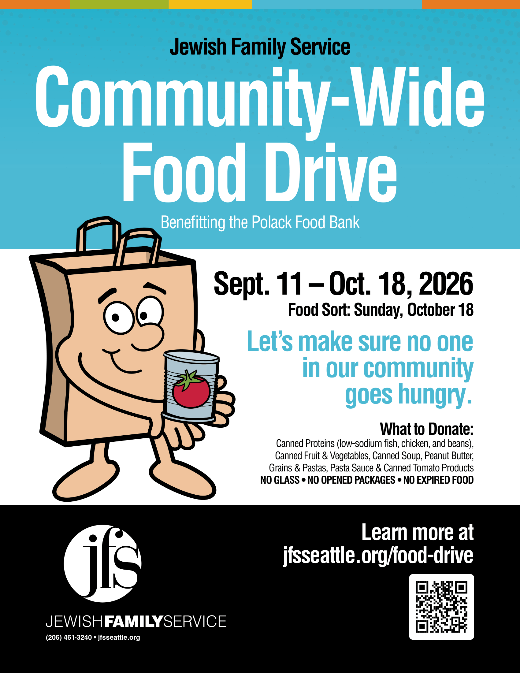 Poster advertising Jewish Family Service Community‑Wide Food Drive featuring a cartoon paper bag character holding a can; includes drive dates (Sept 11–Oct 18, 2026) and donation info.