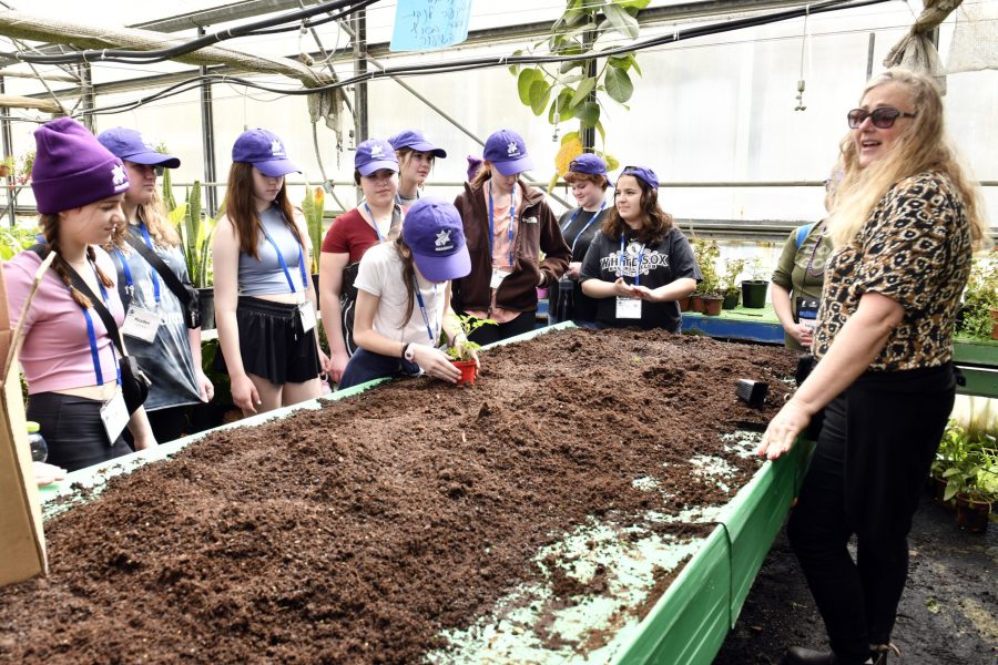 Group of young students wearing purple hats gathered around a large soil bed in a greenhouse garden.