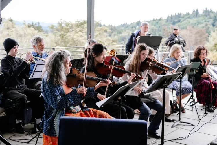 Outdoor group orchestra performing, violinists and wind players reading sheet music on a metal-railed stage with trees in the background on a bright day.